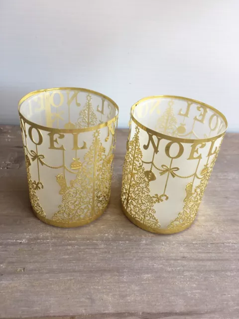 Pair of Christmas Votive Tealight Candle Holders - Frosted Glass Gold Tree Noel