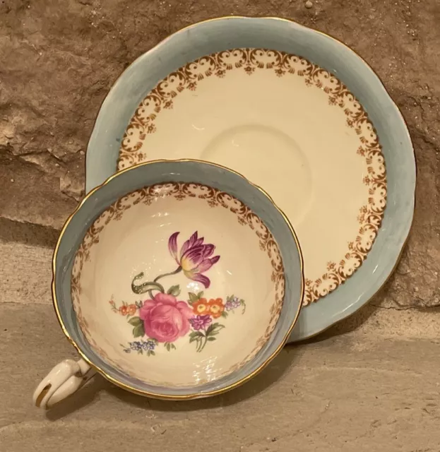 Aynsley England Fine English Bone China Teacup And Saucer Rose Blue W/ Gold Trim