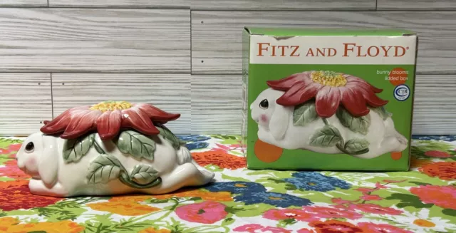 Vintage Fitz And Floyd Rabbit Bunny Blooms Lidded Trinket Box Dish Easter Spring