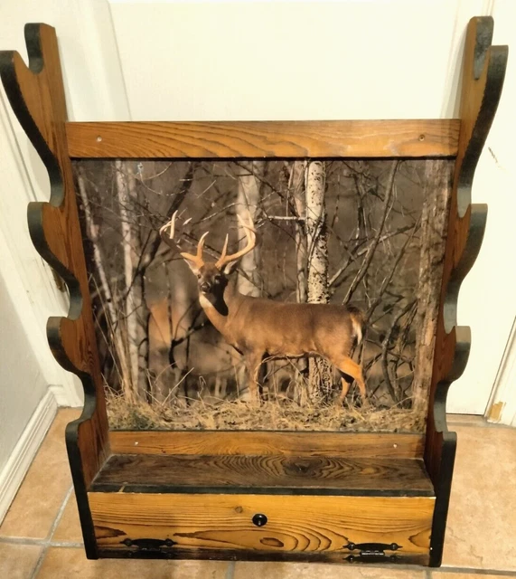 Vintage 4 Slot Shotgun Rifle Long Gun Wall Mount Rack With Hand Gun Ammo Storage