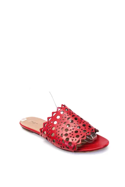 Alaia Womens Leather Laser Cut Slip On Slide Flat Heel Sandals Red Size 9.5US