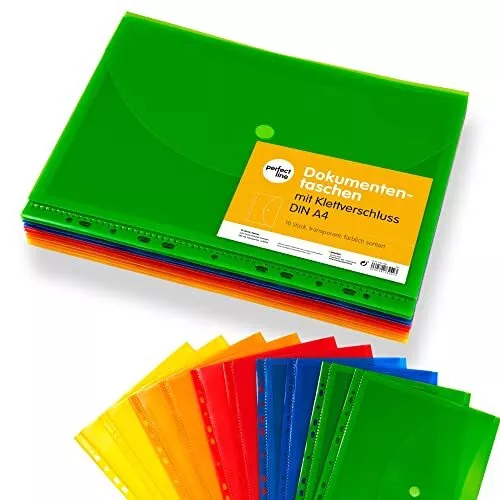 perfect line  10 Dokumententaschen DIN-A4, 5 Farben, Sammelmappe mit Klettversc