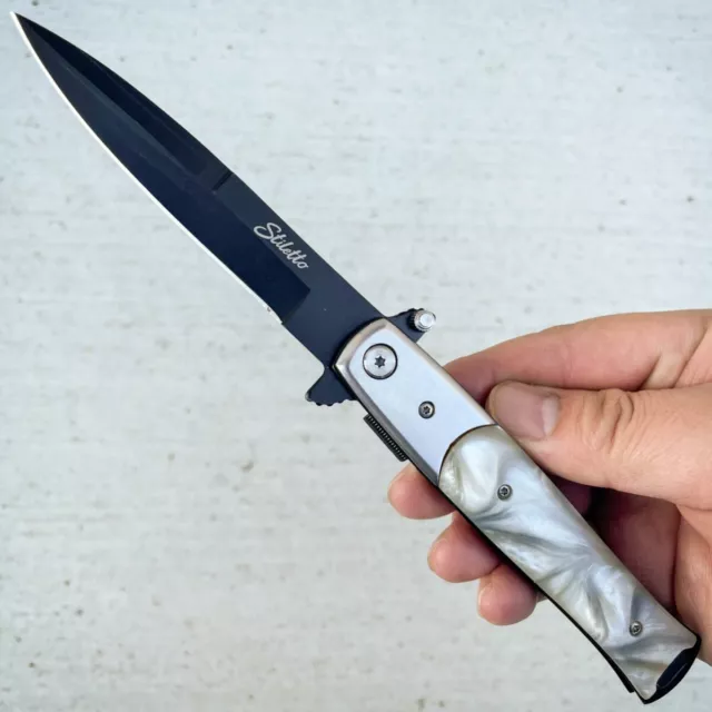 9" Italian Milano Stiletto Tactical Spring Assisted Open Pocket Knife Pearl NEW