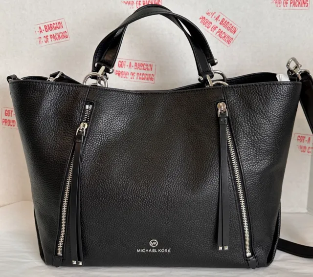 MICHAEL KORS Brooklyn Large Black Leather Silver Shoulder Grab Tote Bag