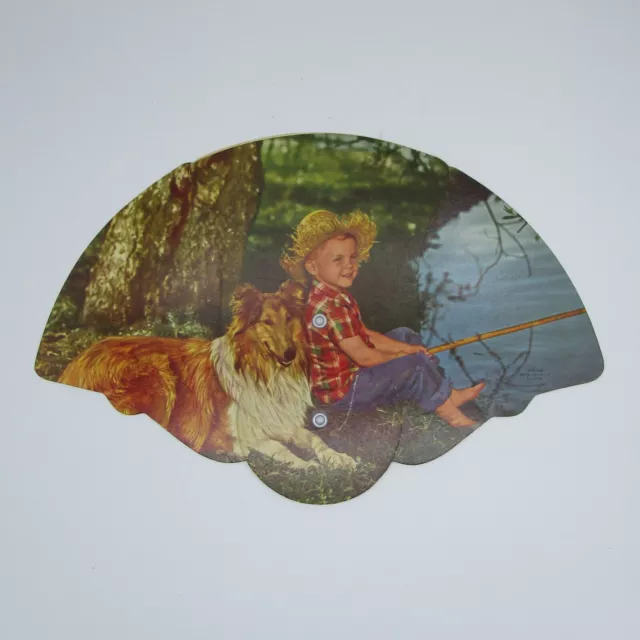 2 Vintage Pull Out Fan Little Boy Fishing with Dogs Funeral Home Advertising 3