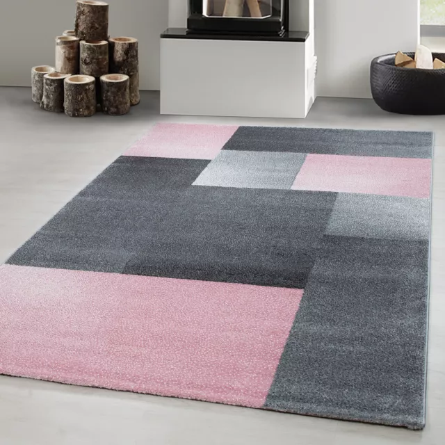 Teppich Wohnzimmer Modern Kurzflor Kariert Design Rosa-Grau Meliert Pflegeleicht