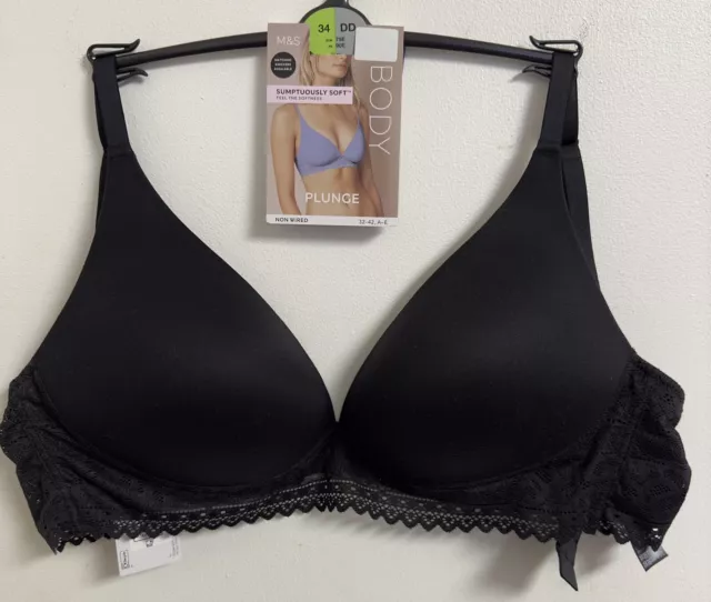 M & S BODY NON WIRED PLUNGE BRA 40D SUMPTUOUSLY SOFT BLACK MARKS SPENCER