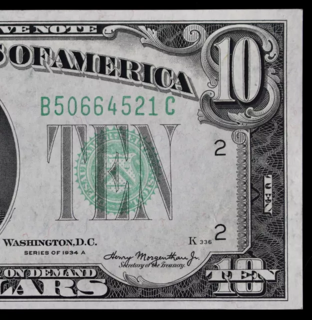 $10 1934A UNC Federal Reserve Note B50664521C series A, ten dollar, New York