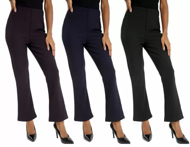 New Women Ladies Leg Trousers Plus Size Stretch Ribbed Bootleg Black Pants 10-26