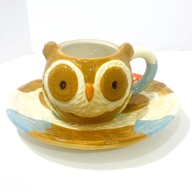 Owl Mug & Plate Set Autumn Winter 3D Hand Painted Earthenware Ceramic Brown