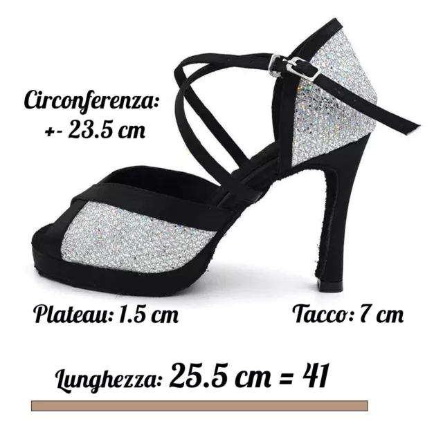 Scarpe da ballo 41 plateau sandali nero argento spuntati salsa latino americano