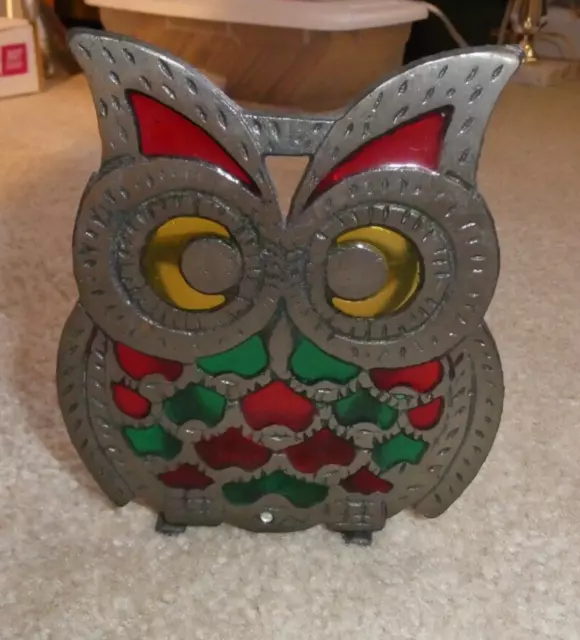 Vintage 1970s Cast Iron Colorful Decoration Owl Letter Holder 5 1/4" Tall