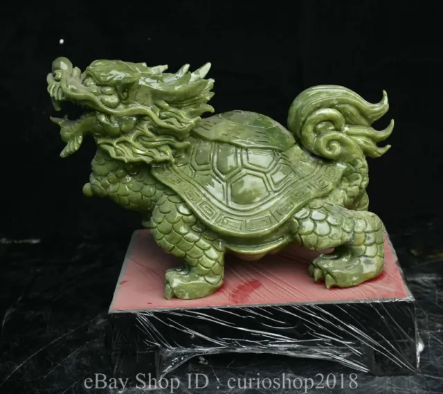 9.8 " China Natural Green Xiu jade Carved Fengshui Dragon Turtle Wealth Statue