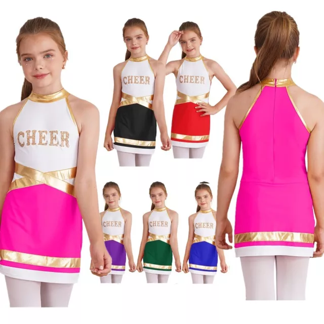 Kids Girls Cheer Uniform Shiny Cheerleading Costume Halloween Color Block