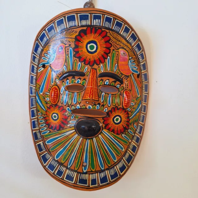 Vintage Mexican Folk Art Mask Hand Painted Red Clay Pottery Terracotta Wall Art