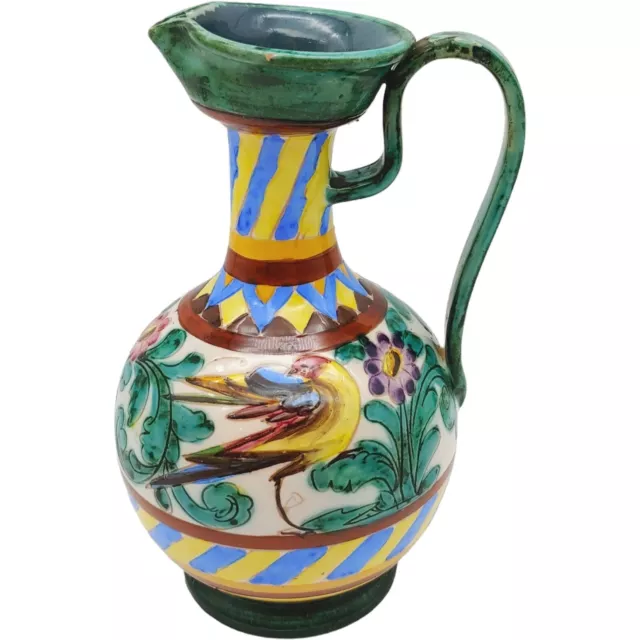 Hand Painted Italian Pottery Olive Oil Bottle Jug - 8" vtg Colorful Birds Italy