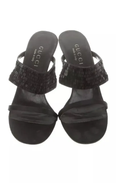 GUCCI Black Satin Beaded Sequin Heels Slides Sandals! 8