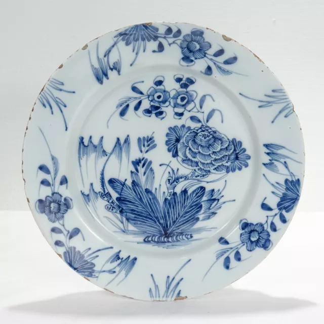 Antique 18th Century Dutch Delft Chinoserie Plate with a Peony Flower