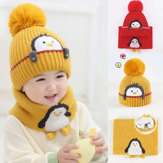 Warm Beanie Cap Pom winter Knit Beanie Toddle Bobble HatS Boys Girl Scarf Set