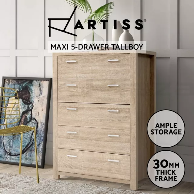 Artiss 5 Chest of Drawers Dresser Tallboy Storage Cabinet Bedroom Pine MAXI