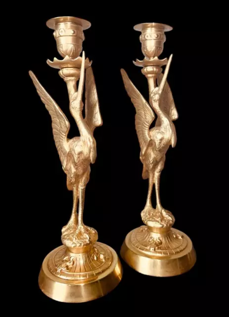19Th Century Antique Victorian Pair Of Bronze Crane Candlestick Candle Holders