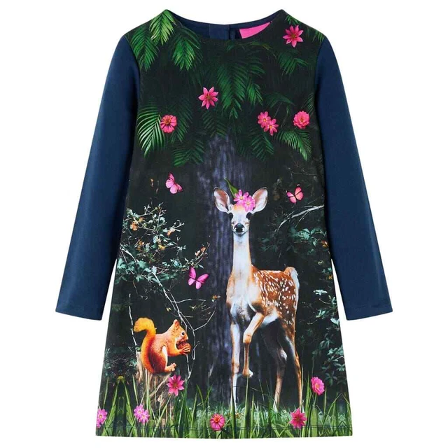 Abito da Bambina a Maniche Lunghe con Stampa Cervo Blu Marino 140 vidaXL