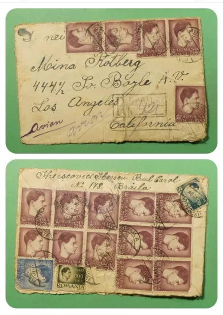 Romania 🇷🇴 1947 Pair Braila Registered Airmail Cover To La Cal Usa Top Rare