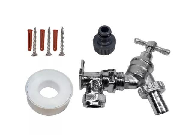 Chrome Outside Garden Tap Kit With Wall Plate Elbow & Garden Hose Fitting