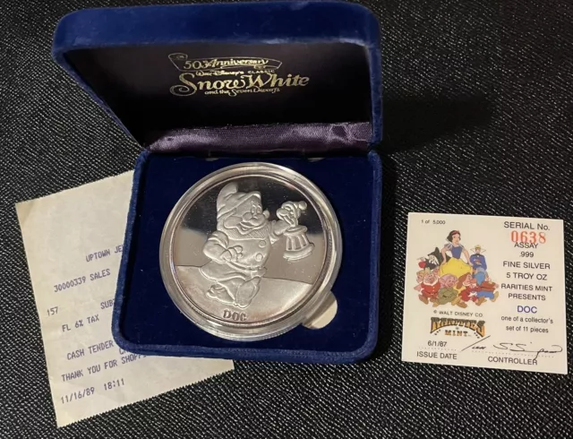 Walt Disney Snow White 50th Ann "DOC" 5 oz. .999 Silver Rarities Mint Coin