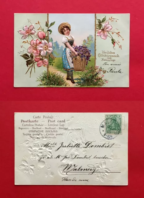 Glückwunsch Prägedruck Litho AK NAMENSTAG 1905 Kind mit Blumen Korb  ( 56880