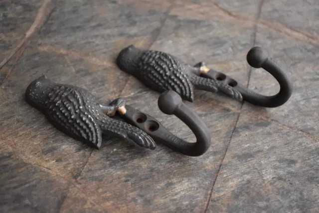 vtg salvage Bird Figure iron coat robe hanger library school acorn hooks 2 pcs