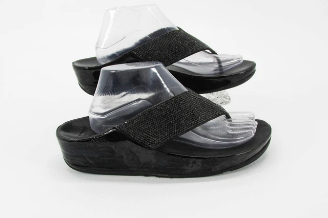 FitFlop Women Sandal Crystall Size 10M Black Wedge Flip Thong Shoes Pre Owned vq