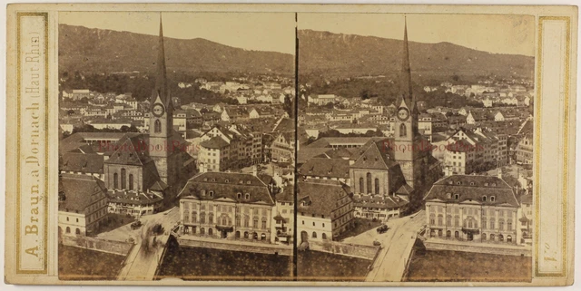 Schweiz Paznorama Zürich c1865 Foto Braun Stereo Vintage Albumin P70L4n