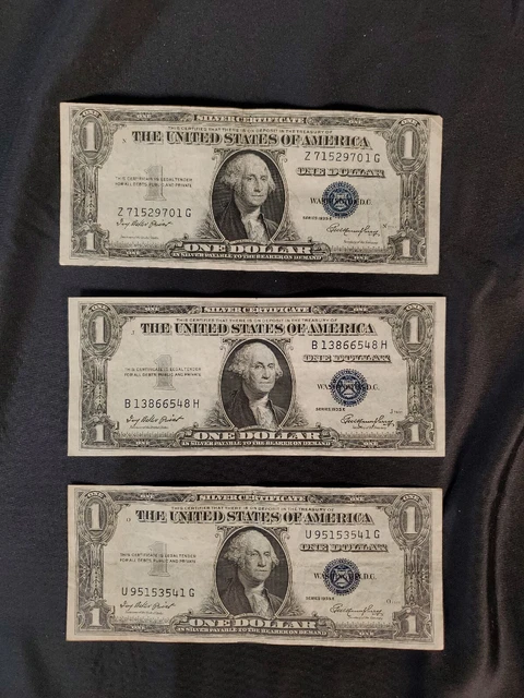 3 Series 1935 E One Dollar Bill Silver Certificate Blue Seal