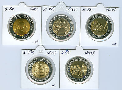 Suisse 5 Francs Commémorative Pièce de Monnaie (Choisissez Entre : 1999-2003)