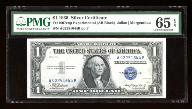 DBR 1935 $1 Silver Experimental Gem Fr. 1607exp PMG 65 EPQ Serial A02251644B