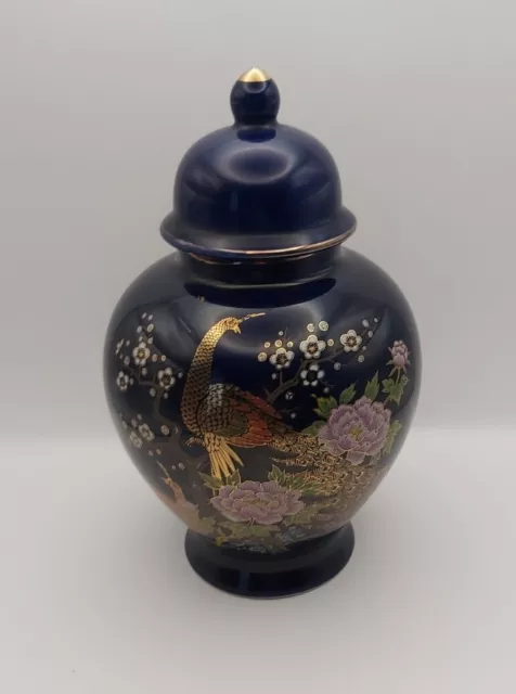 Beautiful Vintage Oriental Jar Lidded Peacocks Flowers Navy Chinese Blossoms