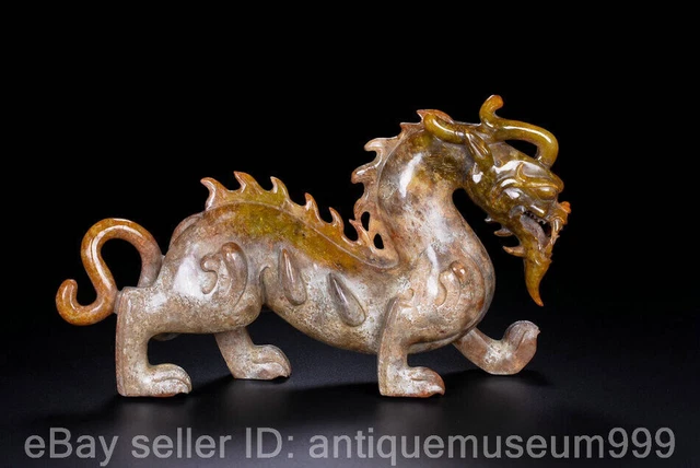 12.4" Old Chinese Natural Hetian Jade Nephrite Carving Dragon Beast Statue