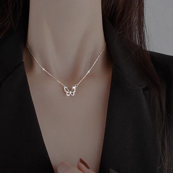 925 Silver Filled Butterfly Pendant Chain Necklace Womens Jewellery Girls Choker