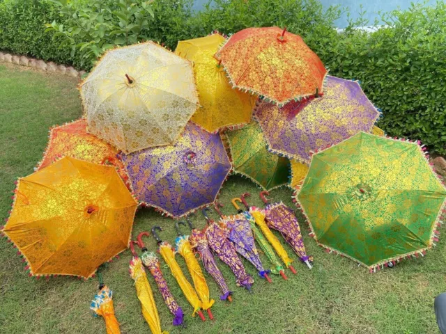 Gold Print Decorative Umbrella Wholesale Lot Cotton Indian Handmade Sun Parasol 2