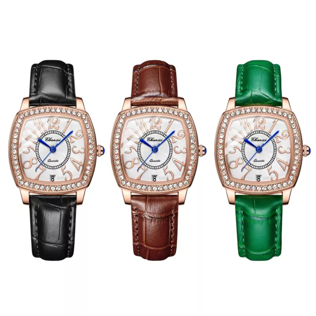 Women's Fashion Rhinestone Square Dial Genuine Leather Band Quartz Wrist Watch