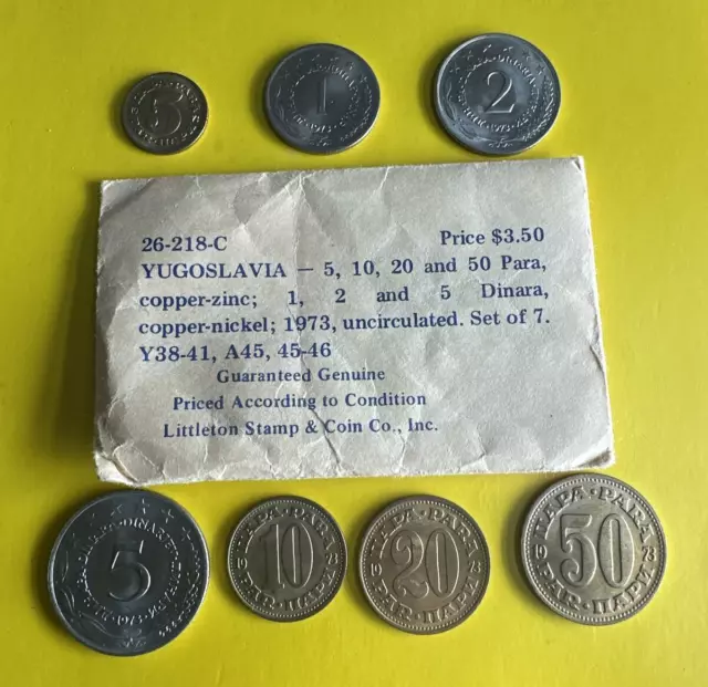 1973 Yugoslavia - Lot of 7 UNC Coin Set - 5,10,20,50 Para 1,2,5 Dinara