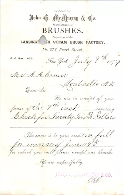 John G McMurray & Co New York NY 1879 Billhead Lansingburgh Steam Brush Factory