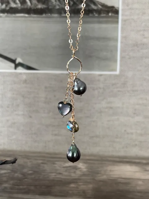 Double Tahitian Pearl Labradorite and Heart dangle 14K Gold filled necklace