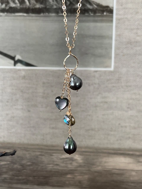 Double Tahitian Pearl Labradorite and Heart dangle 14K Gold filled necklace