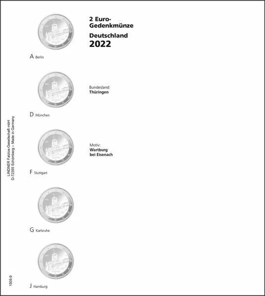 Lindner 1505-9 Vordruckblatt 2-Euro-Gedenkmünze DEUTSCHE BUNDESLÄNDER: 2022 Thür