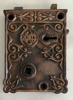 Antique Ornate Door Rimlock Mortise Lock Cast Iron w/ Gold Tone Simmons Hardware
