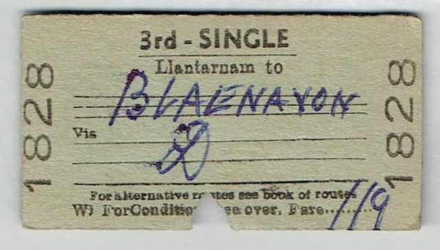 BTC(W) railway ticket 3rd class blank card single Llantarnam to Blaenavon 1956