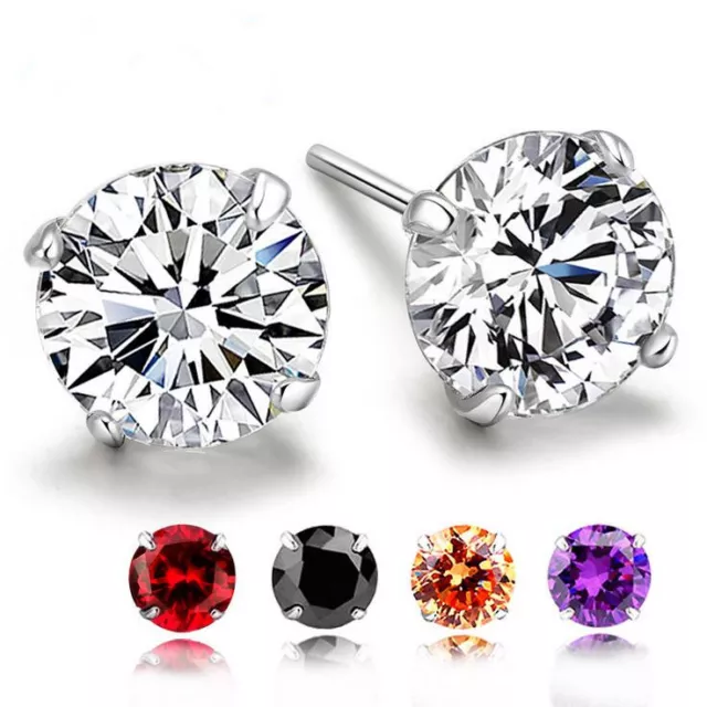 Pair Genuine Solid 925 Sterling Silver Round Cubic Zirconia Earrings Women/Men