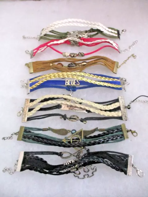 Lot 7 Multi Strand Braided & Cord Bracelets  Love Heart Autism Music Owls Rocks
